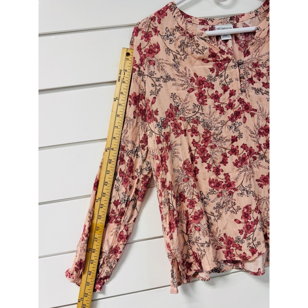 Liz Claiborne Petite PXL Floral Blouse Pink Gold Metallic Stripe Long Sleeve Top - Picture 3 of 7